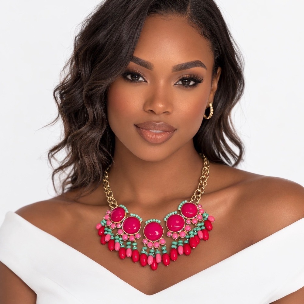Pink Mint Green Beaded Bib Necklace Gold Tone Fringe Adjustable Chic‎ 103-45